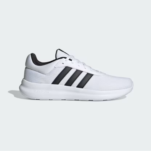 A white sneaker with a black 3 stripes design
