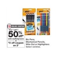 Buy 1 Get 1 50% Off + $3 off coupon on 2◊ Bic Pens, Mechanical Pencils, Wite-Out or Highlighters