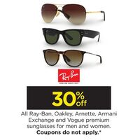 30% Off Ray-Ban, Oakley, Arnette, Armani  Exchange and Vogue premium sunglasses