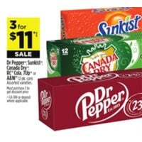 Dr Pepper, Sunkist, Canada Dry, RC Cola, 7Up or A & W 3 for $11